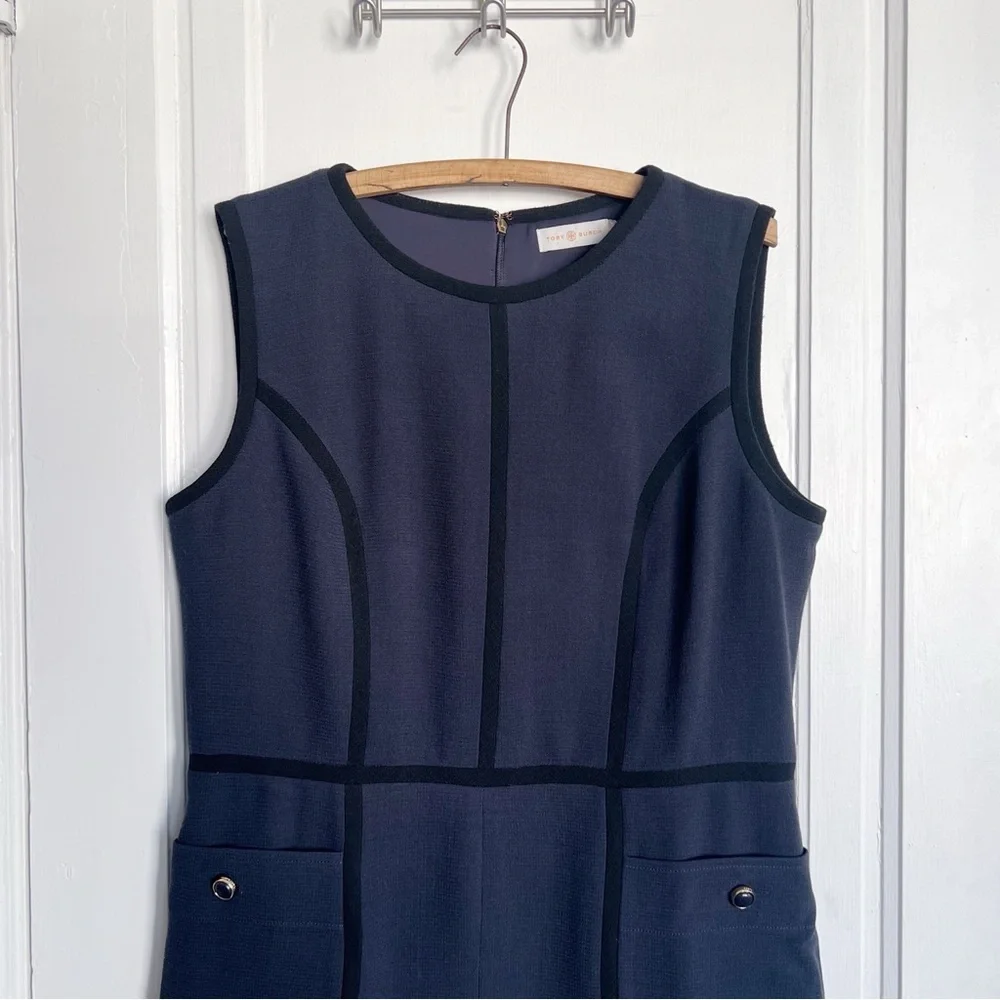 Tory Burch • Flora Dress navy blue wool sheath sleeveless piped colorblock